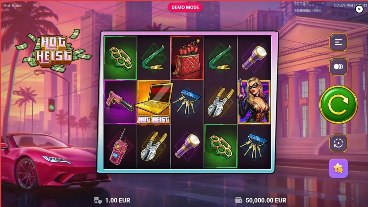 Tampilan visual slot Hot Heist dengan nuansa neon dan tema perampokan