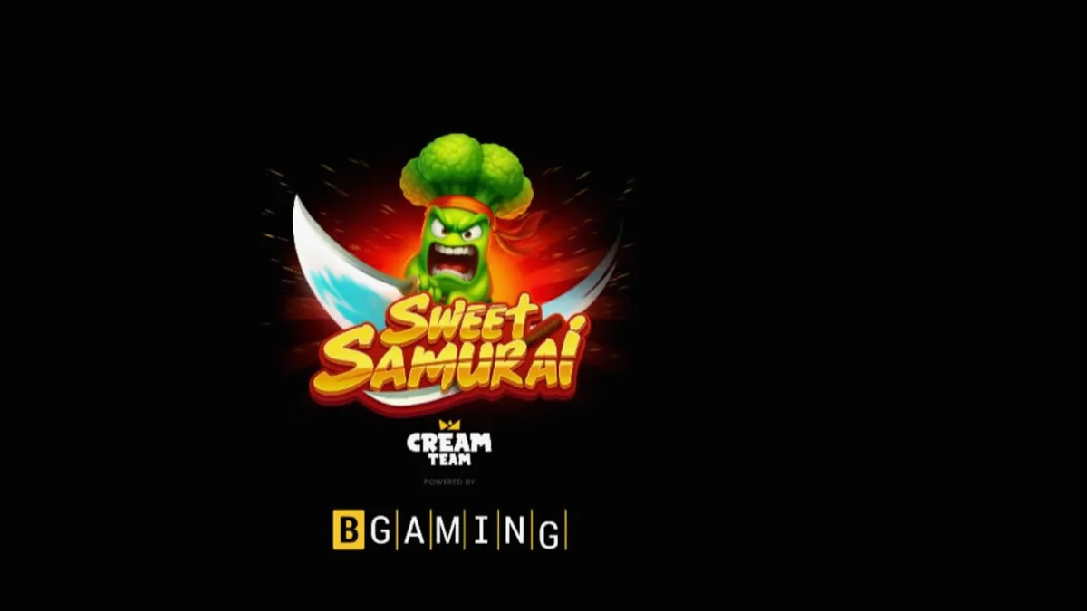 Broccoli Samurai berdiri di depan grid slot Sweet Samurai dengan latar belakang dojo tradisional Jepang yang penuh warna.